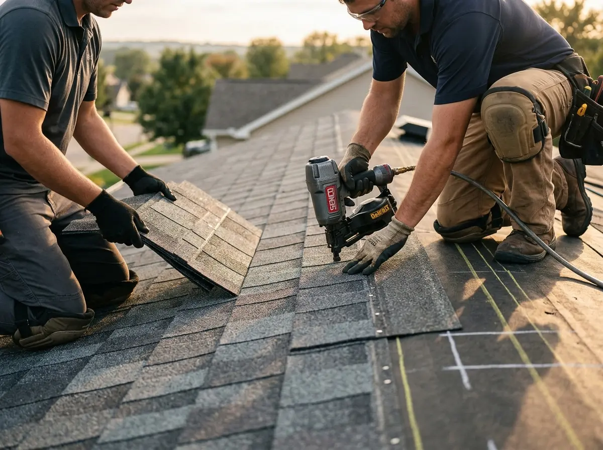 Professional roofer working on a residential roof in West Clarkston-Highland